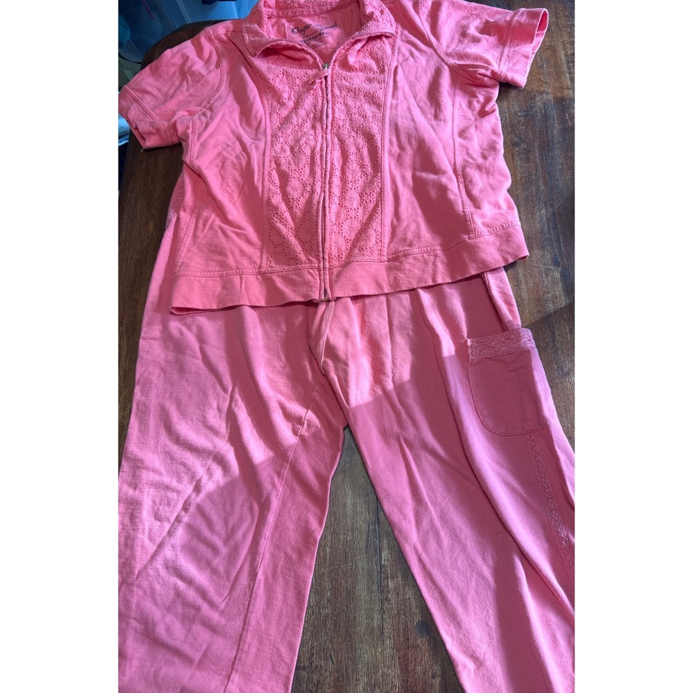 Onque Casuals Lounge Set Womens Large Pink 2pc Eyelet Lace Zip Hoodie Crop Pants